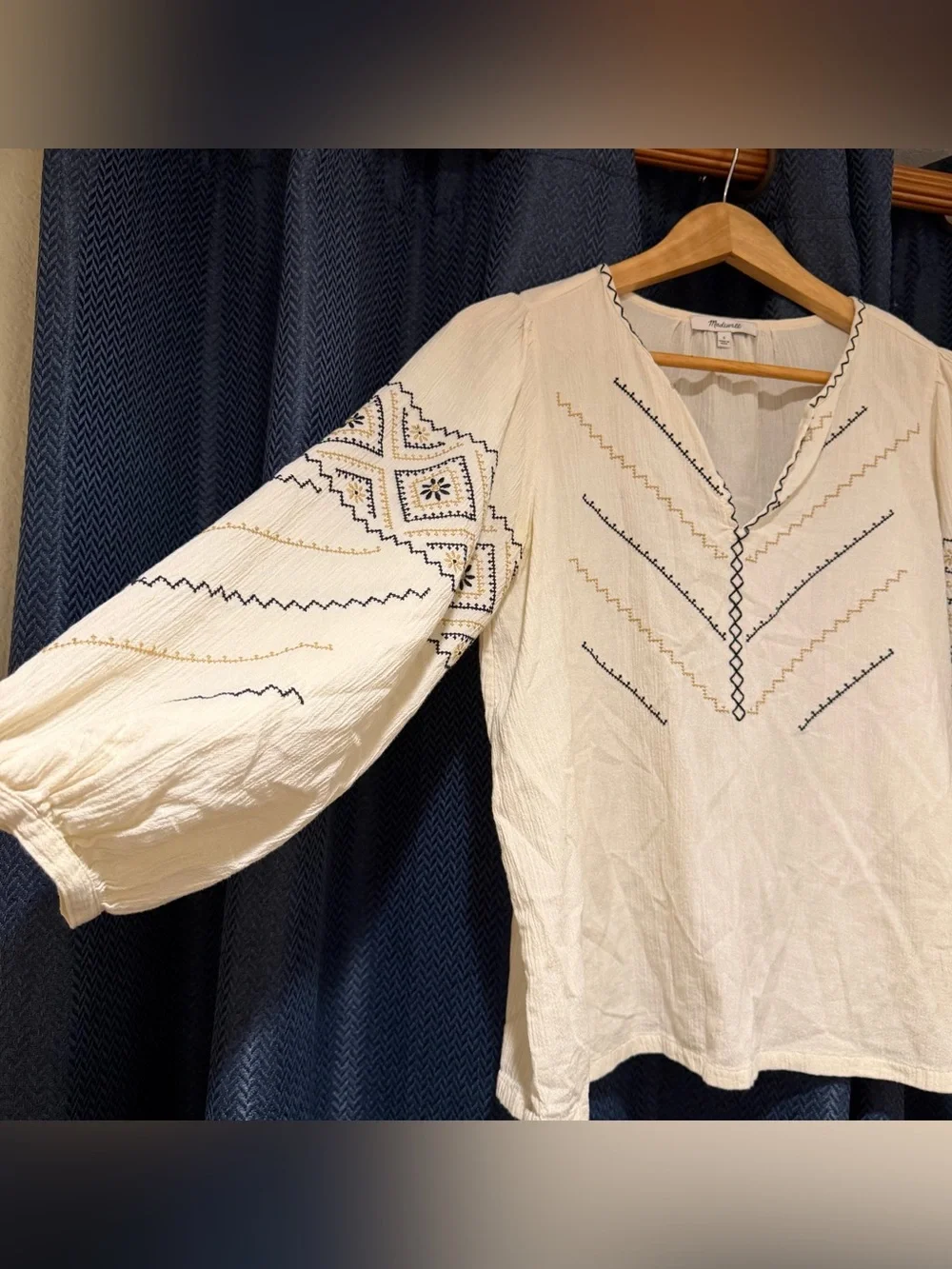 Madewell Embroidered Peasant Top S Antique Cream 100% Cotton Boho